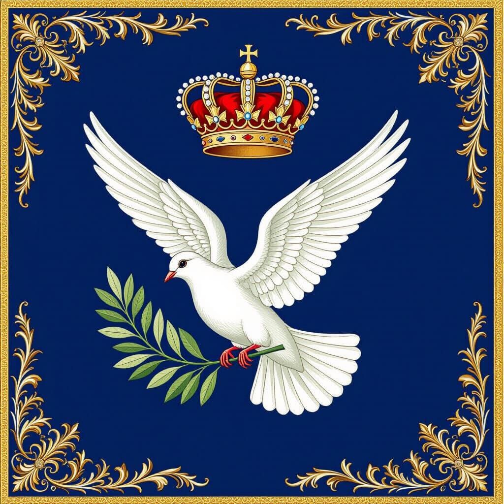 Heraldic Flag with Dove, Olive Branch, and Crown
