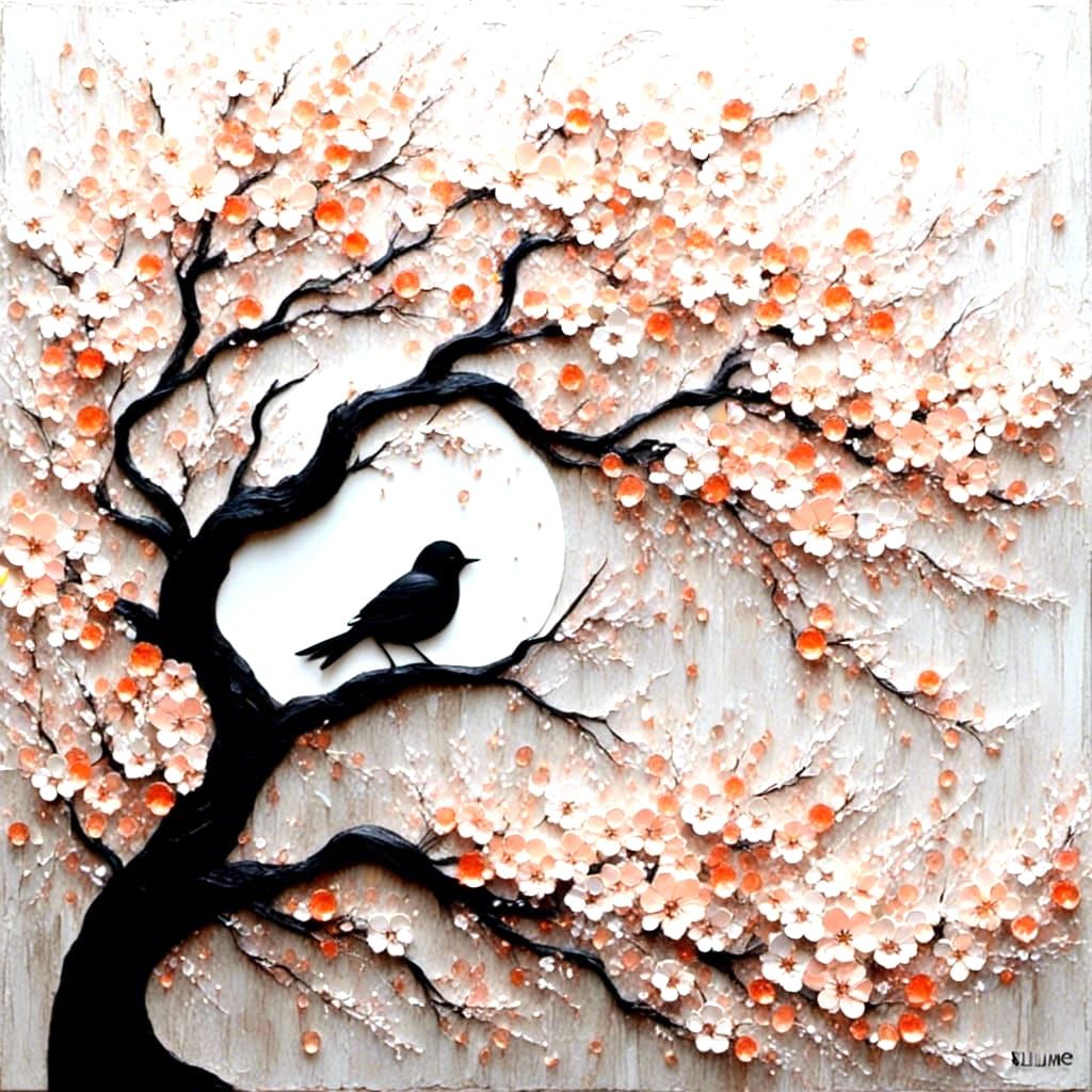 Dreamy Peach Landscape with Cherry Blossoms in Impasto