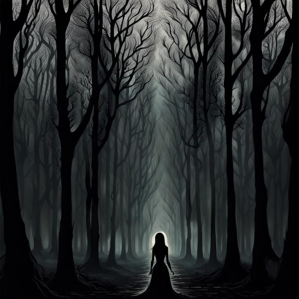 Eerie Forest Scene with Hidden Girl