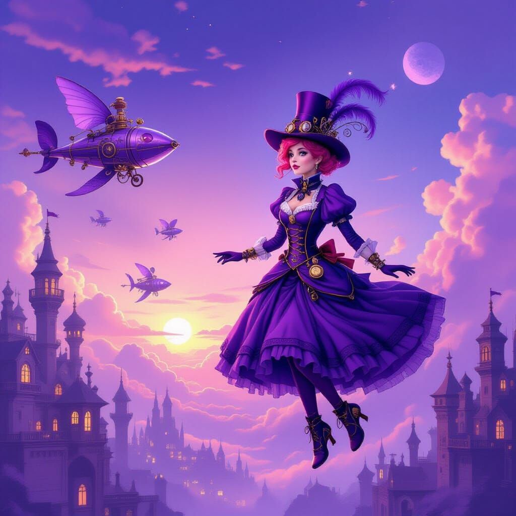 Whimsical Purple World with Steampunk Zeppelins