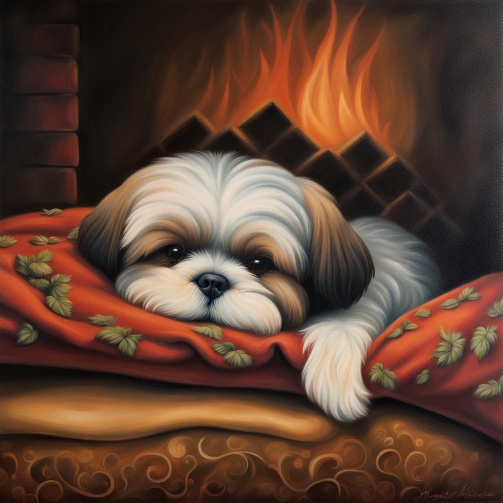 Shih Tzu Sleeping by Fireplace: Oil Painting