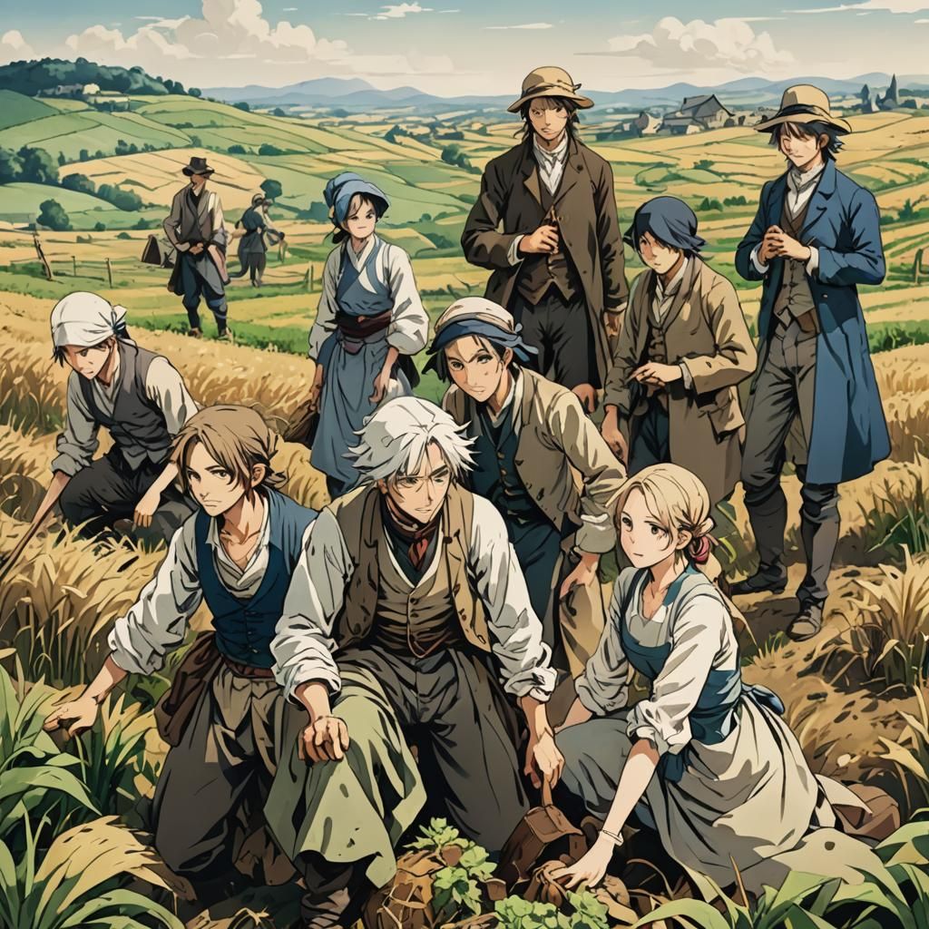 Impoverished People Working in Fields, Anime Style