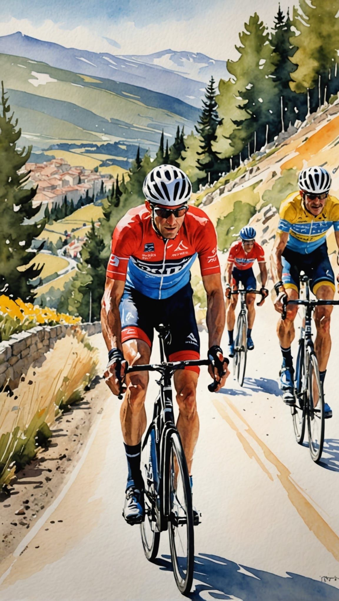 Tour de France Cyclists on Mt Ventoux in Watercolor