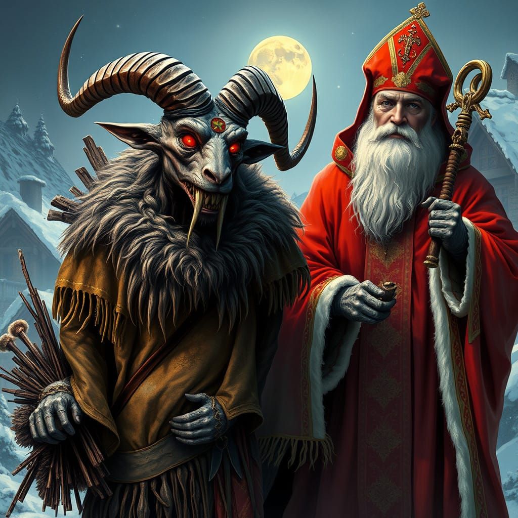 Horned Creature Beside Saint Nicholas in Alpine Village