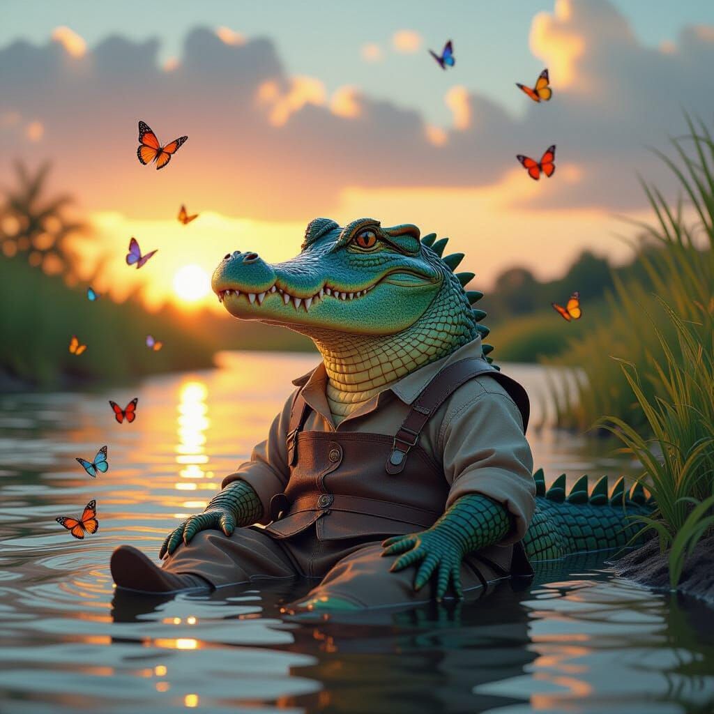 Whimsical Crocodile with Butterflies at Sunset