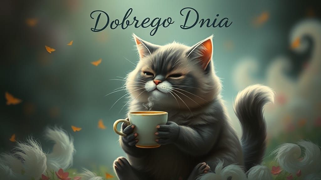 Whimsical Cat in Mystical Coffee Scene