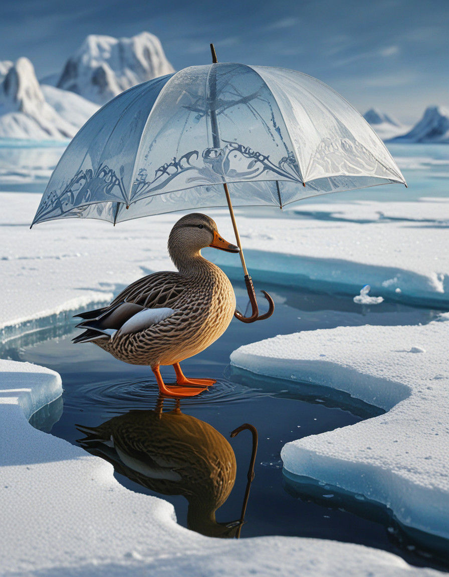 Surreal Winter Wonderland with Duck and Icy Fractals