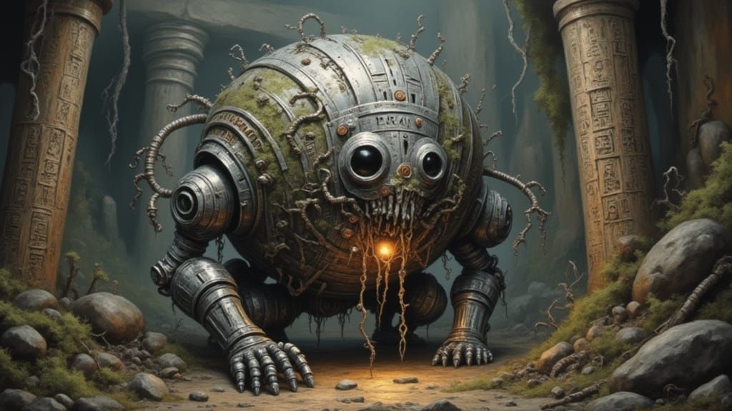 Ancient Robot Malfunction in Sci-Fi Temple