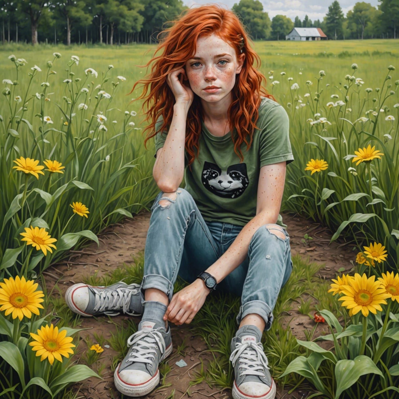Girl with Calf in Flower Meadow: Hyperrealistic Oil