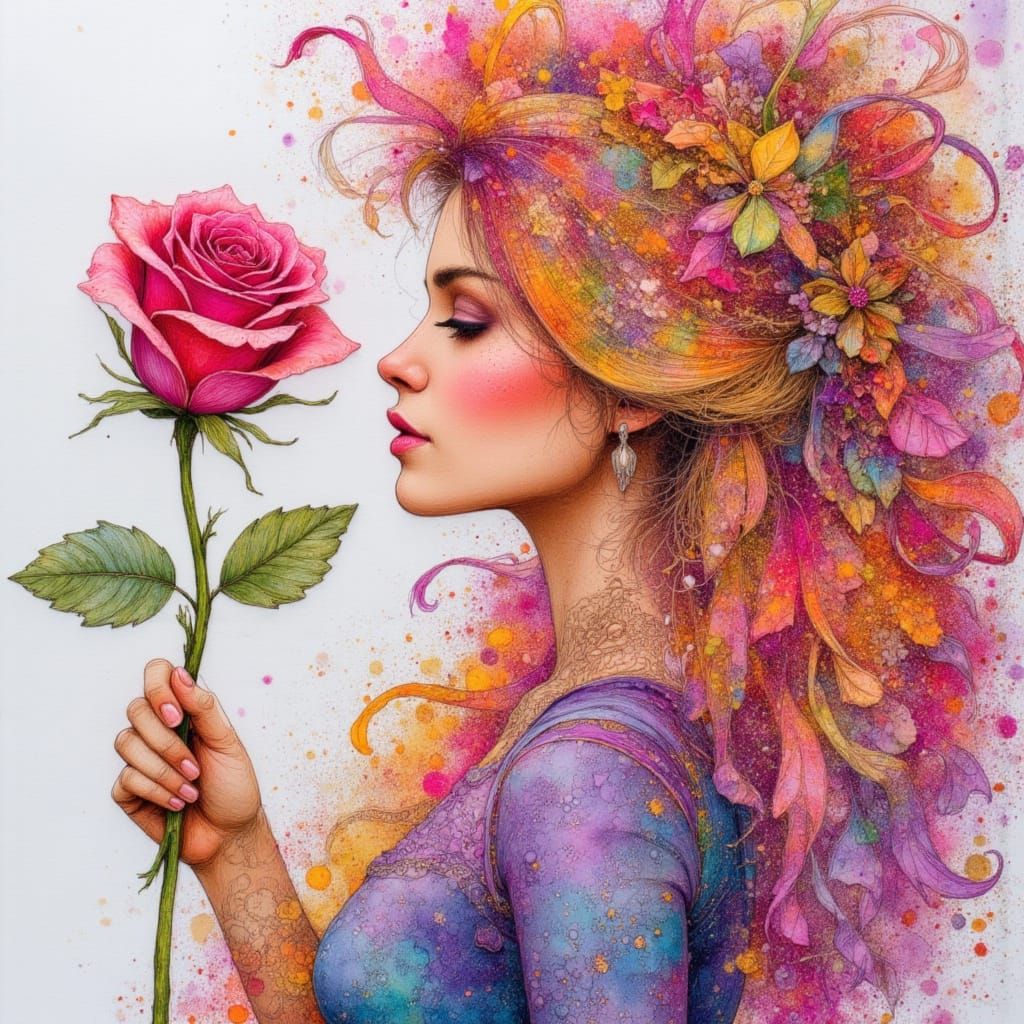 Hyper Detailed Belle Holding a Rose in Layered Ink Style