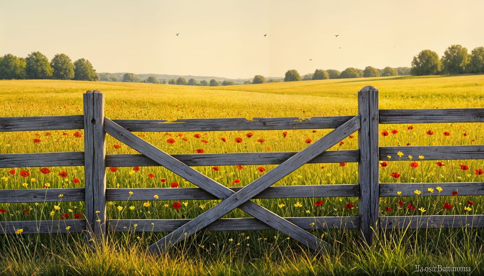 Rustic Wooden Fence with Wildflowers in Golden Light