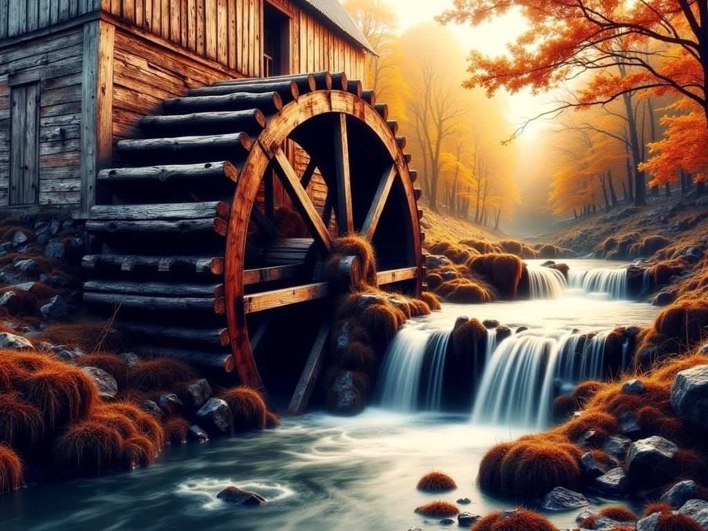 Rustic Waterwheel Illuminated by Golden Hour