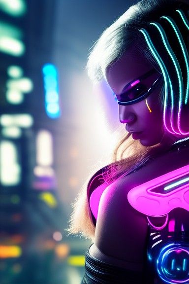 Cyberpunk Cyborg Bunny in Neon Cityscape