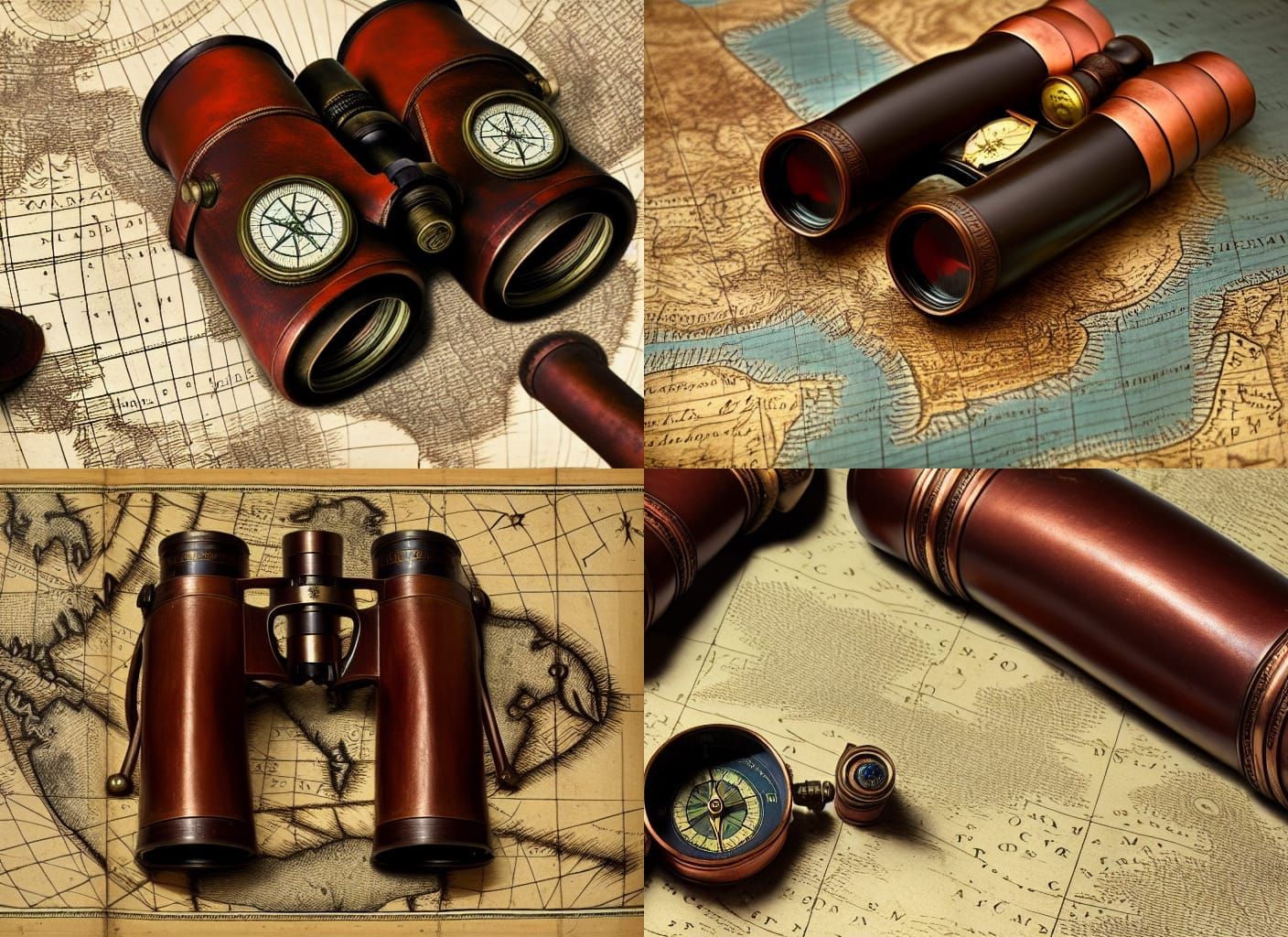 Antique Binoculars and Compass on World Map