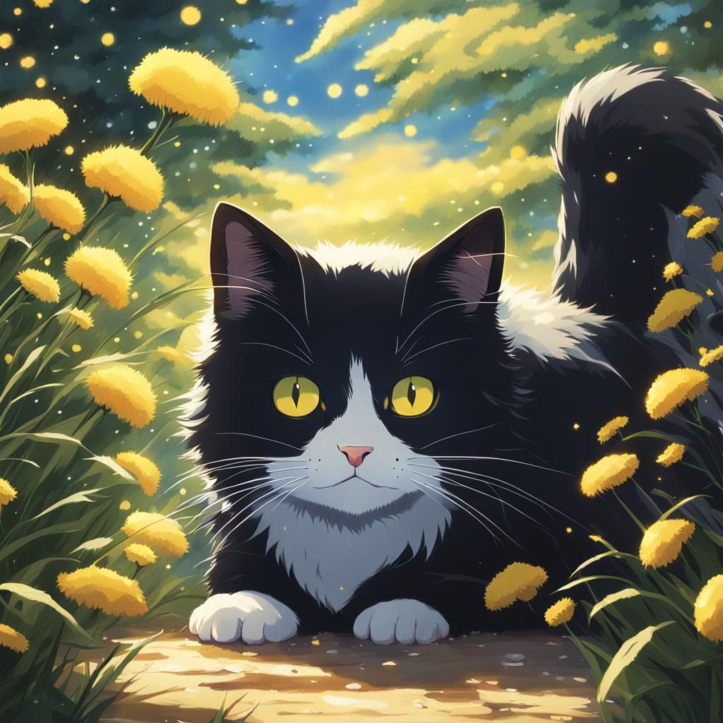 Cute Tuxedo Cat with Yellow Eyes: Ghibli Anime Style