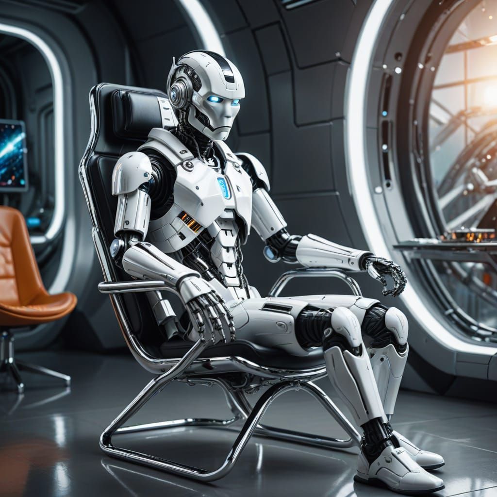 Detailed White Android Cyborg in Space Age Living Room