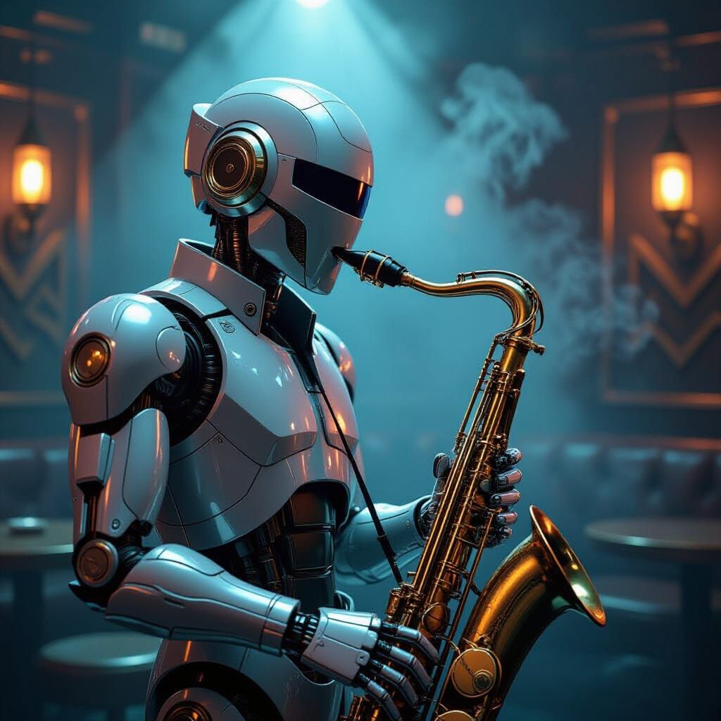 Chrome Robot Jazz Musician in Art Deco Style