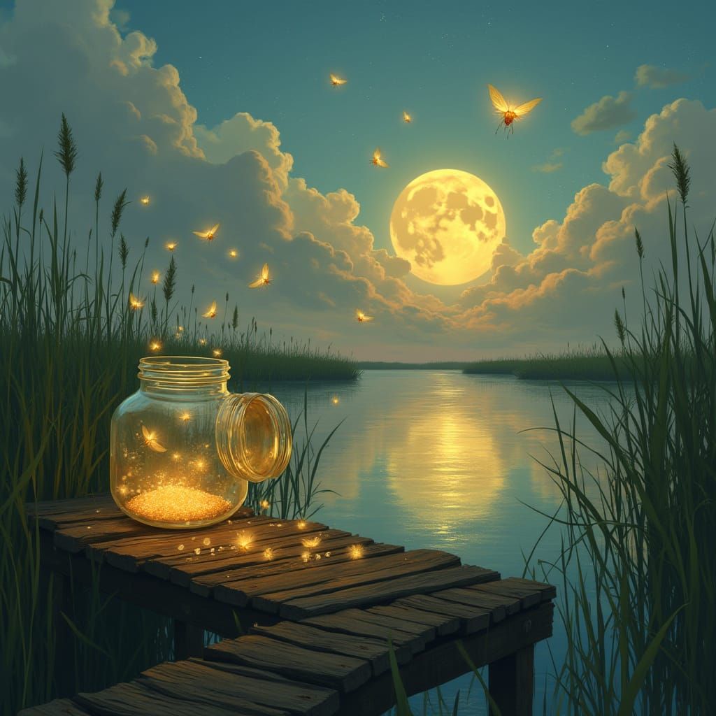 Fireflies Escape Jar in Whimsical Fantasy Art