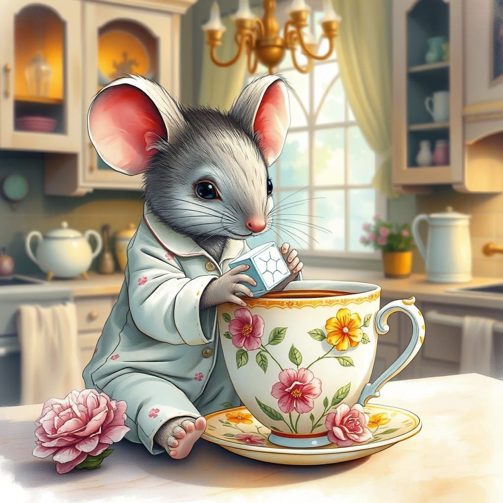 , A mouse making coffee in a big cup, cup got beautiful flor...