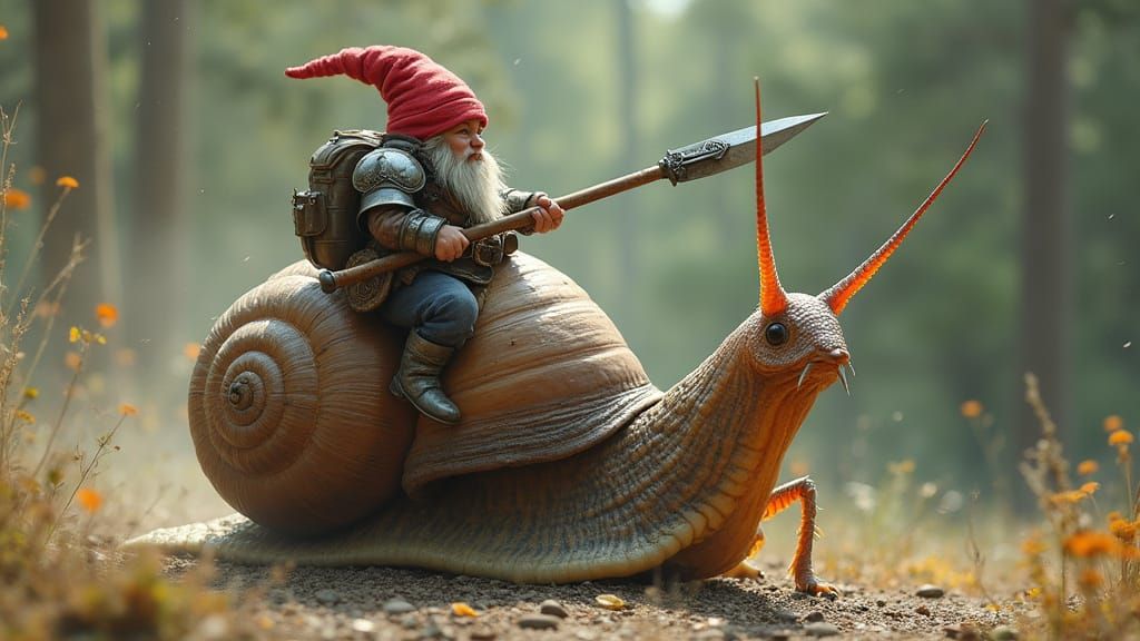 Gnome Soldier Rides Armored Snail to Fight Giant Mantis