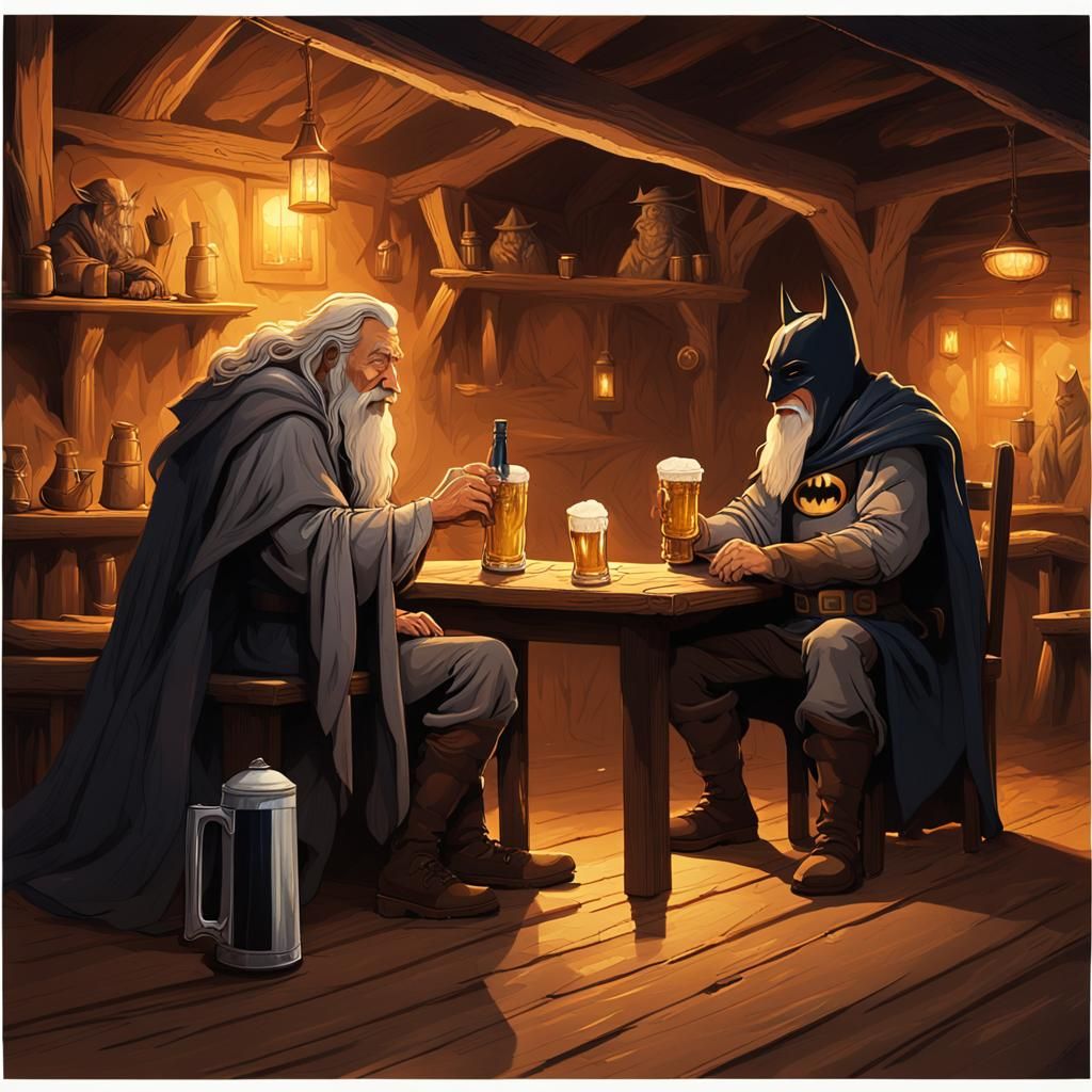 Gandalf and Batman Enjoying Beer in Tavern