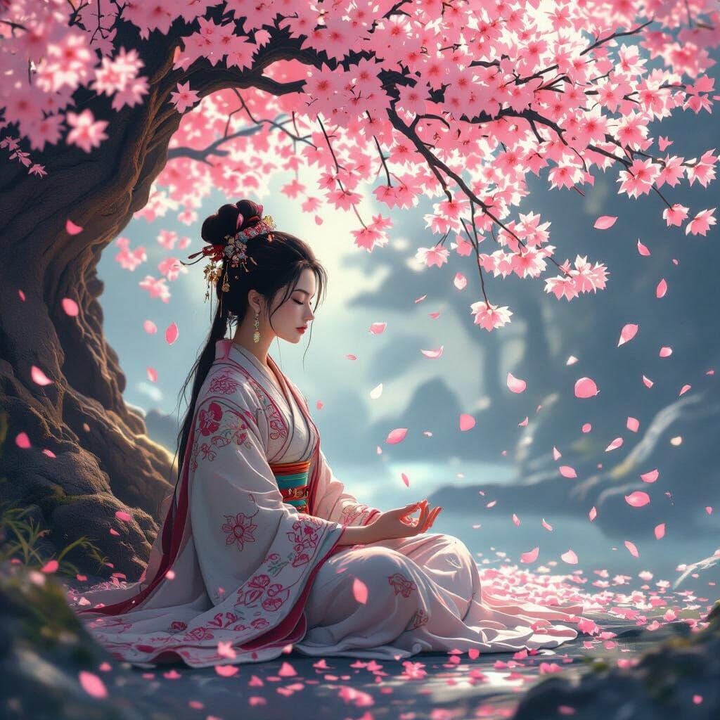 Mystical Lady Meditating Under Cherry Blossoms