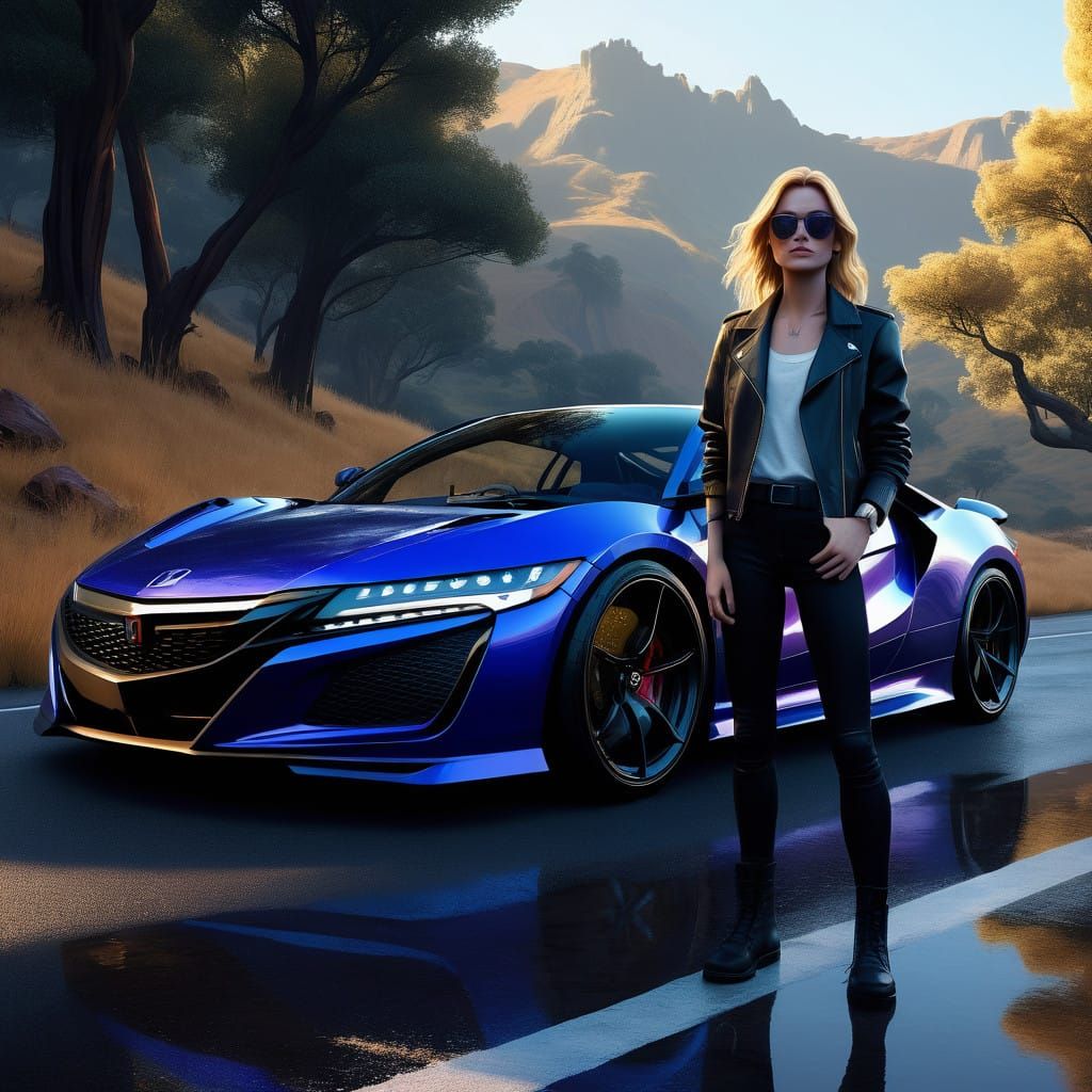Confident Woman Poses with Honda NSX in Dreamlike Landscape
