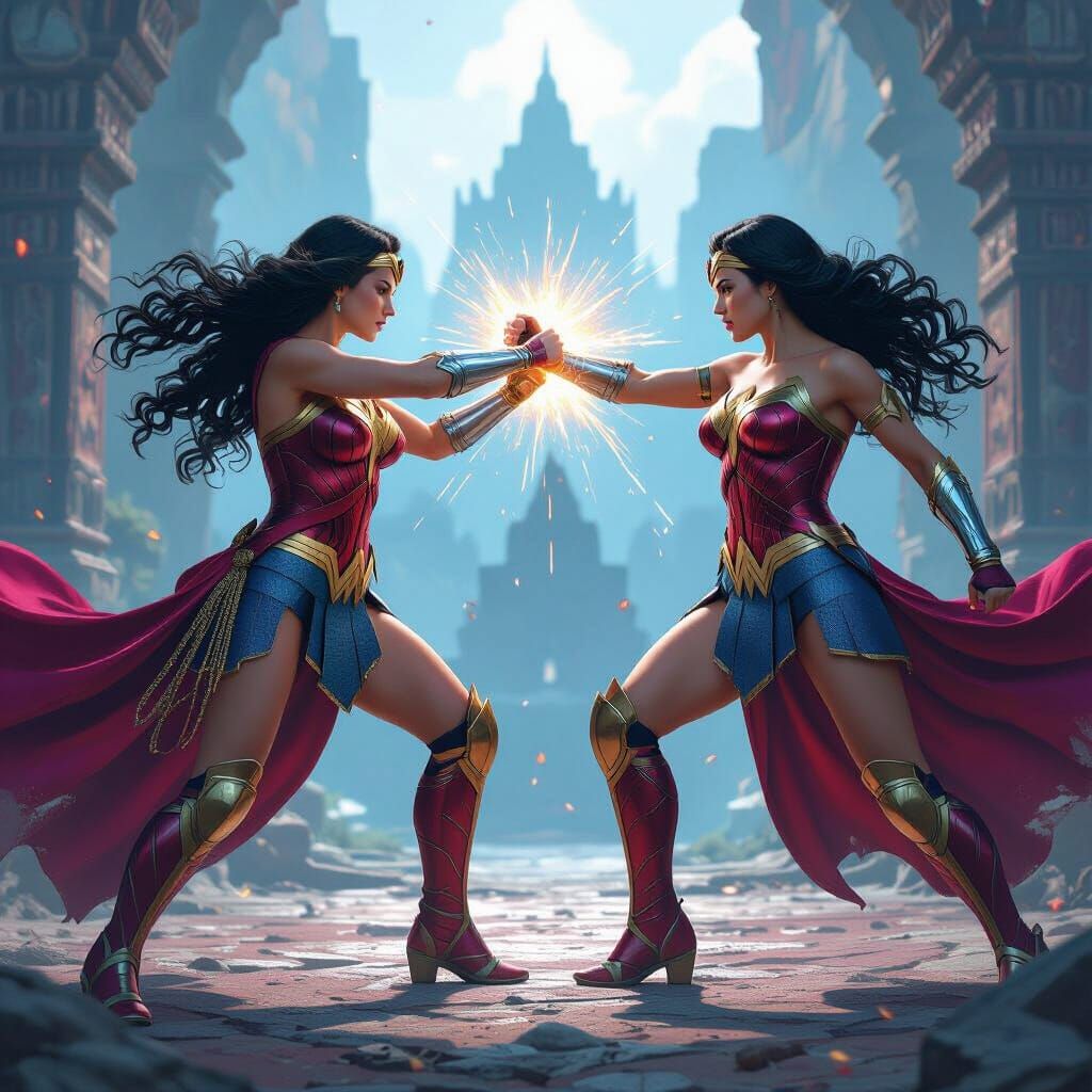Wonder Women Clash in Ancient Battle, Fantasy Art