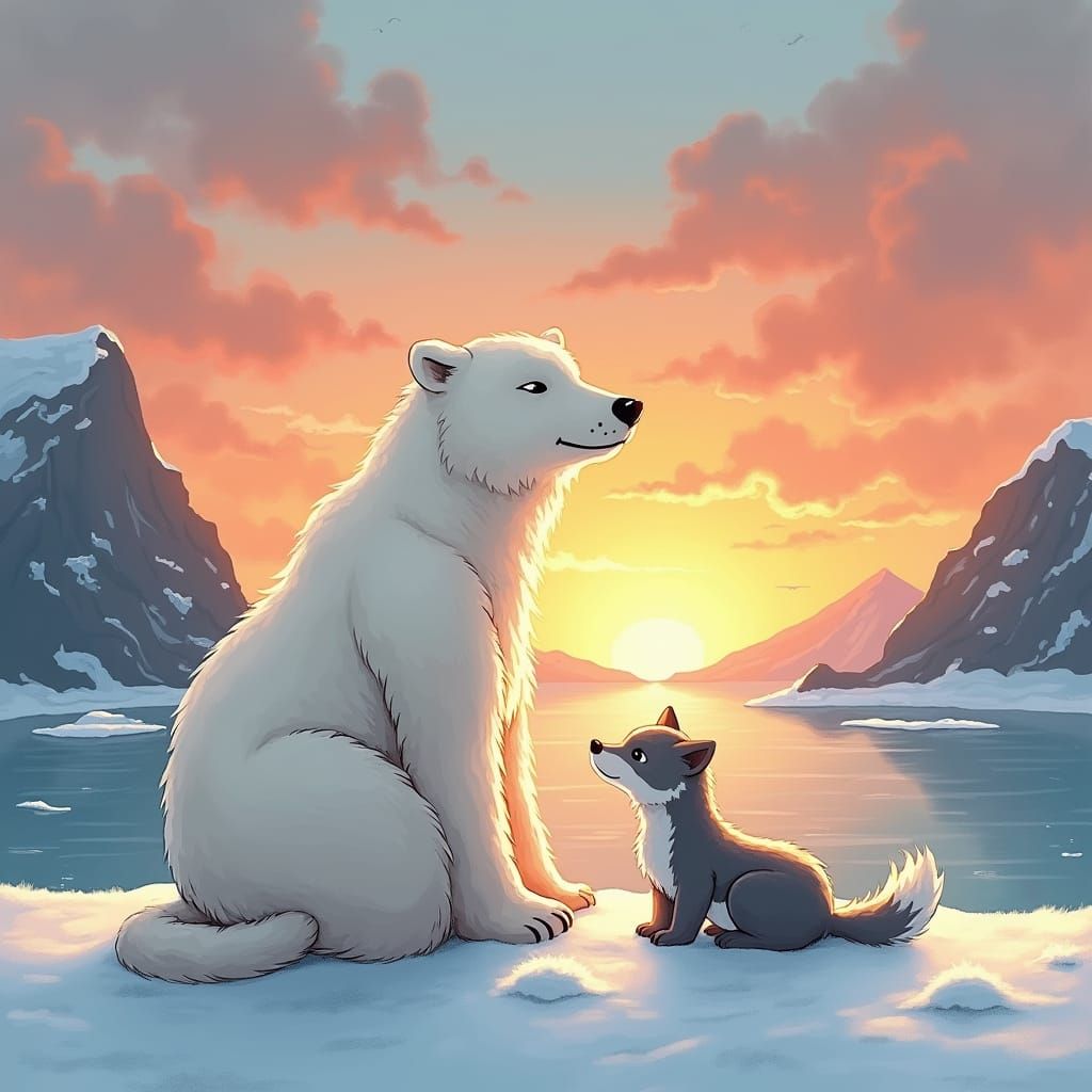 Peaceful Polar Bear and Wolf Pup in Serene Arctic Sunset