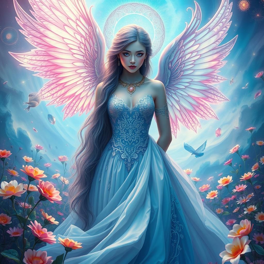 Enchanting Maiden and Celestial Being in Dreamlike Landscape