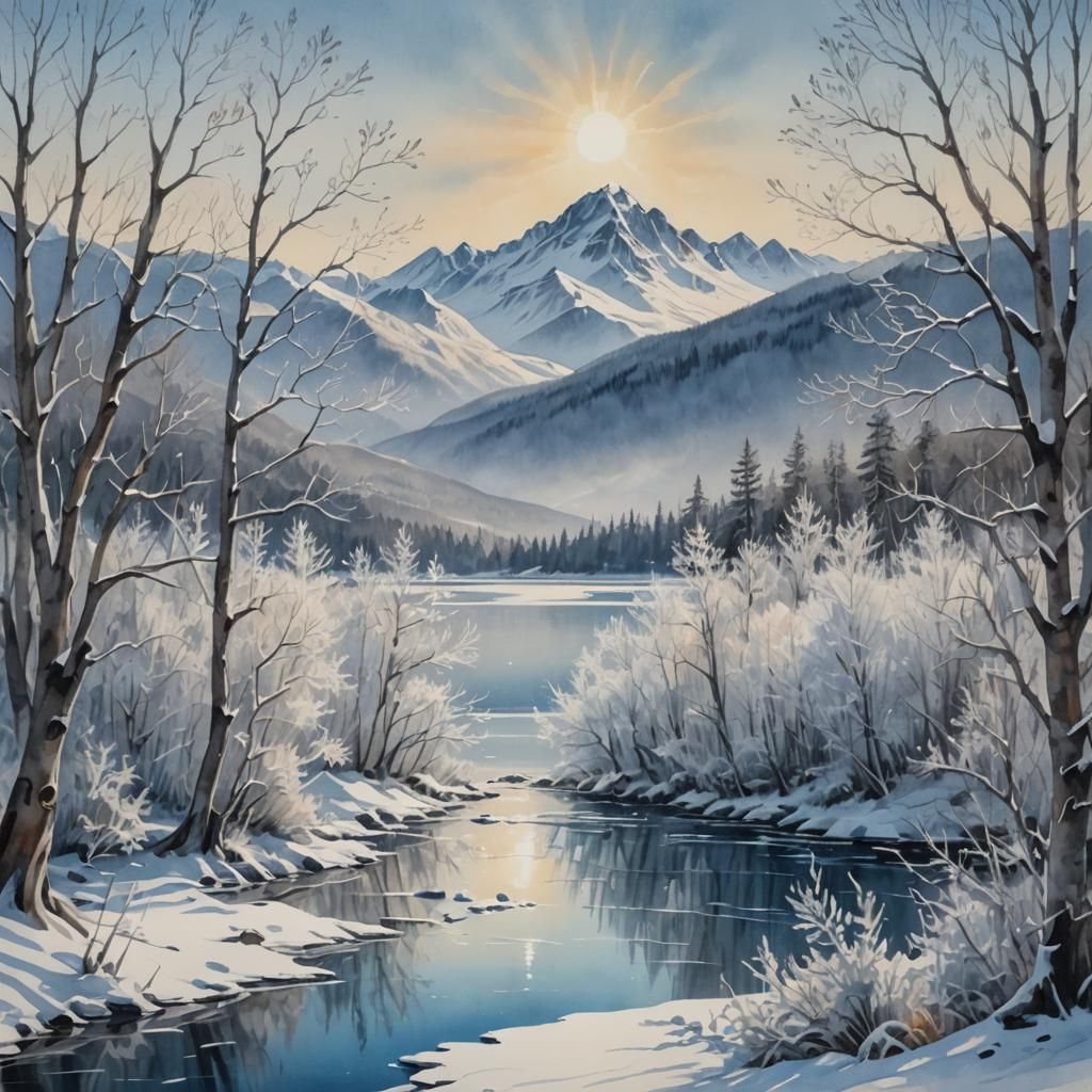 Fantastical Winter Landscape with Frozen Lake