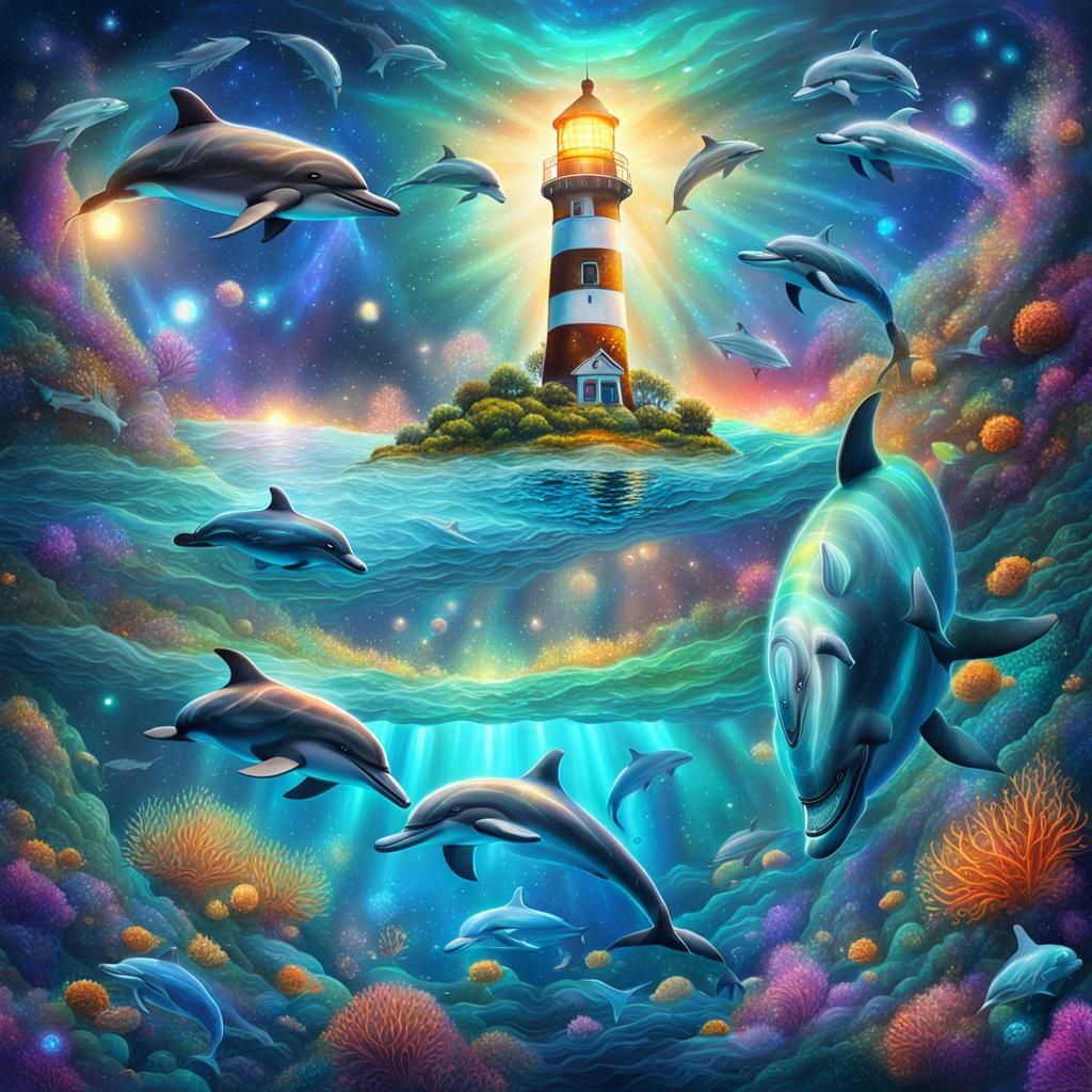 Dolphins Swim Past Lighthouse: Holographic Cosmic Illustrati...