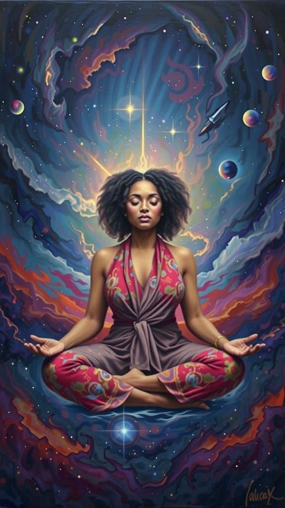 Nigerian Woman Meditating in Cosmic Nebula as Oil Painting