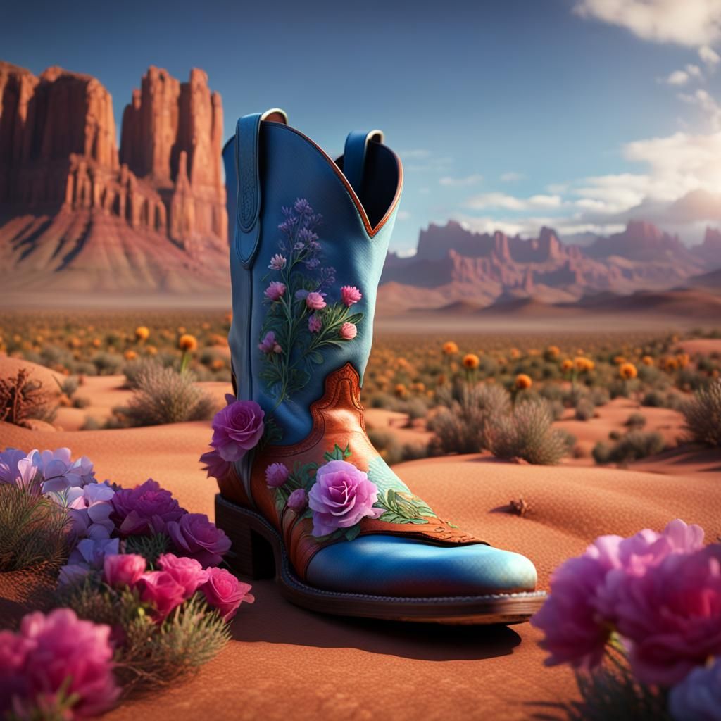 Hyperrealistic Cowboy Boot with Flowers in Desert