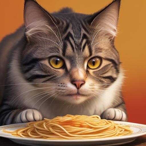 Cat Stares at Spaghetti: Hyperrealistic Splash Art