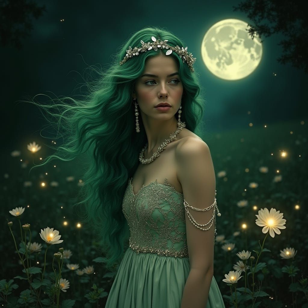 Emerald Haired Woman in Moonlit Garden, Art Nouveau