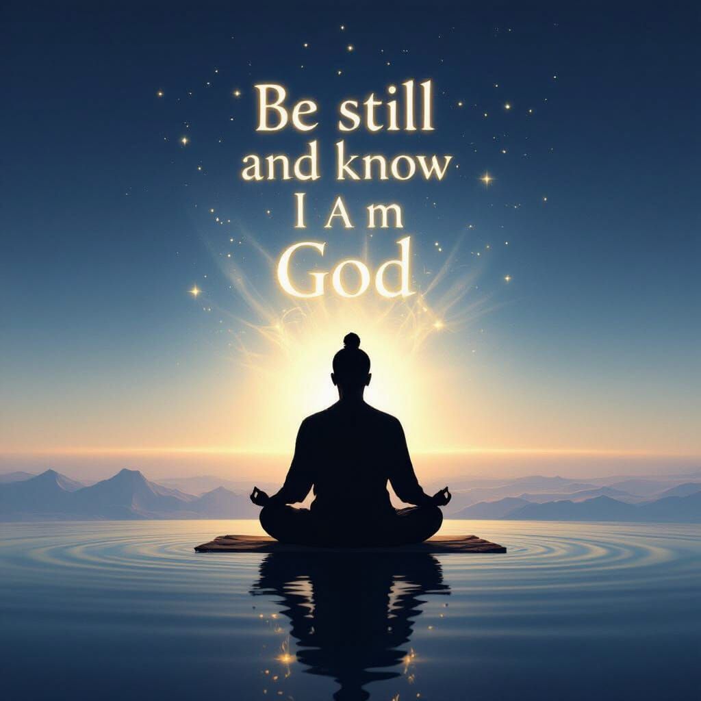 Meditative Figure with Golden Text in Surreal Sky