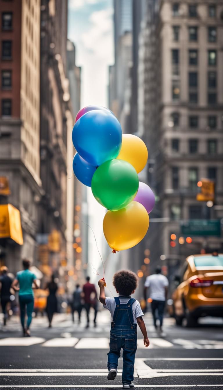 Balloon Over New York Street: Hyperrealistic Photography