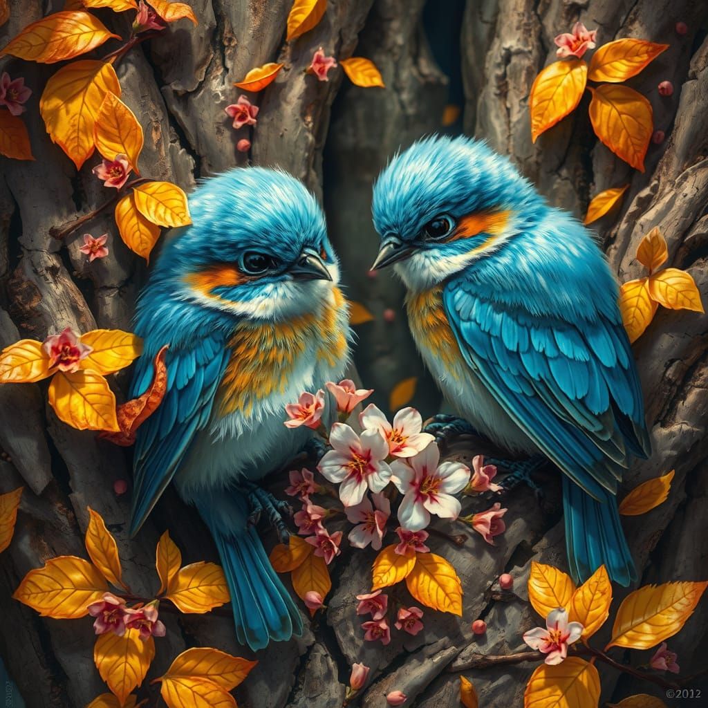 Fantasycore Blue Birds with Autumn Leaves and Flowers