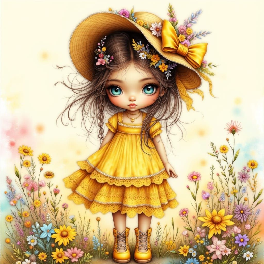 Whimsical Girl in Wildflower Field, Painterly Style