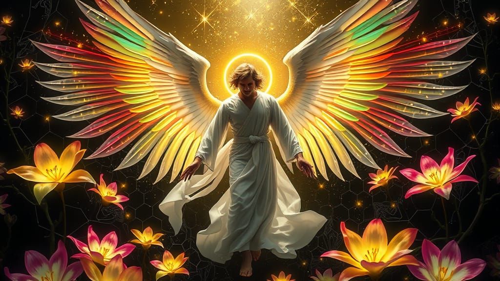 Archangels with Rainbow Wings in Neon Landscape