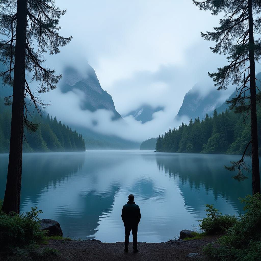 Mystical Fog Lake with Futuristic Elements