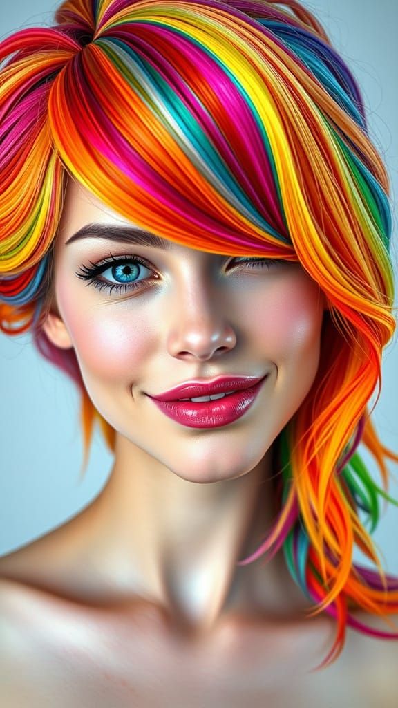 Hyperrealistic Portrait of a Young Woman with Vibrant, Multi...