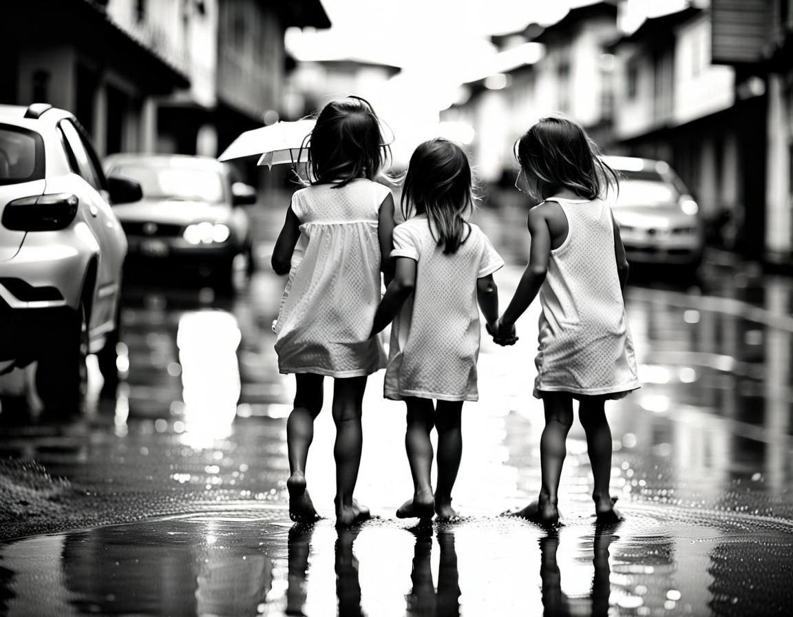 Little Sisters Play in Rainy Brazilian Street