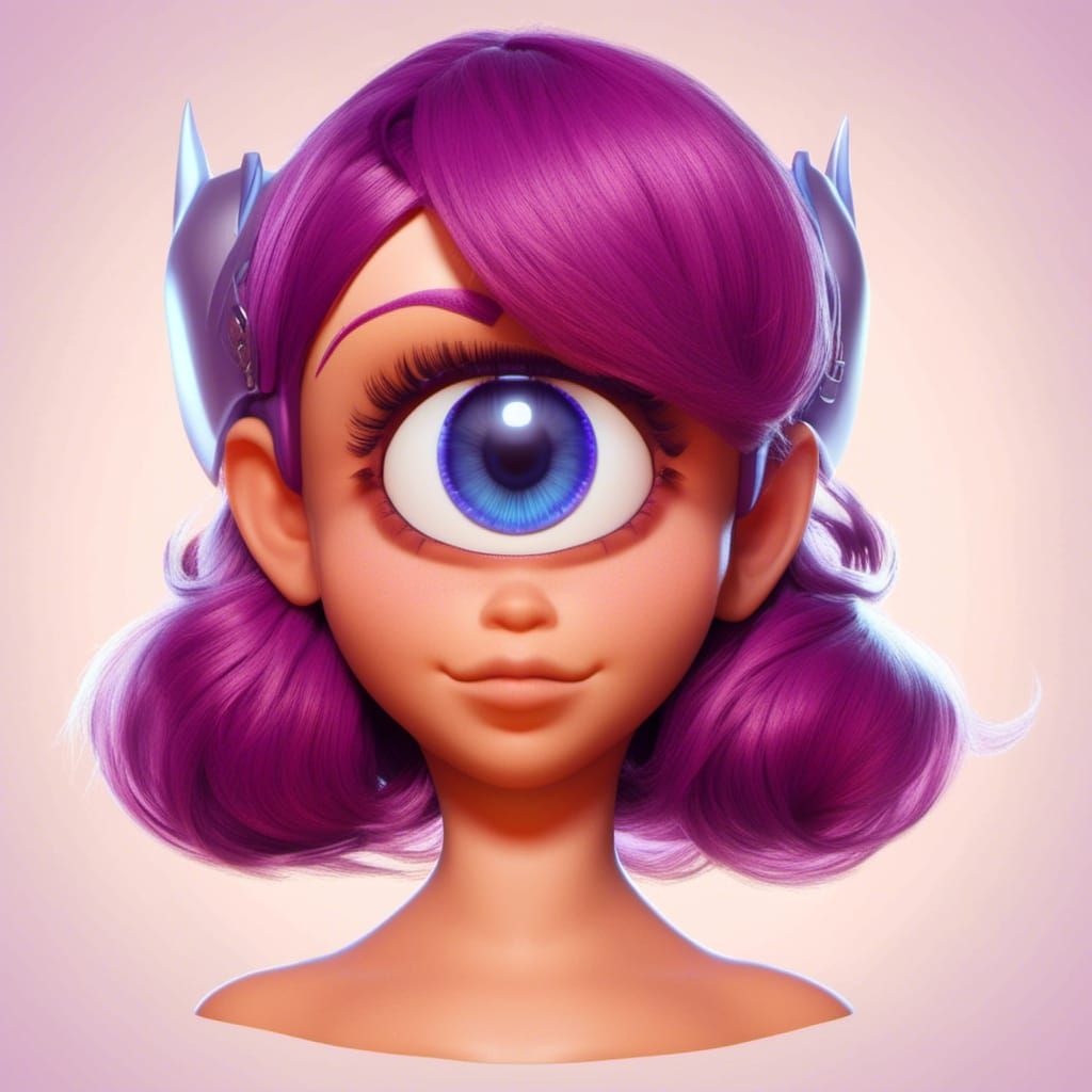 Cyclops Woman Portrait with Purple Hair in 3D Style