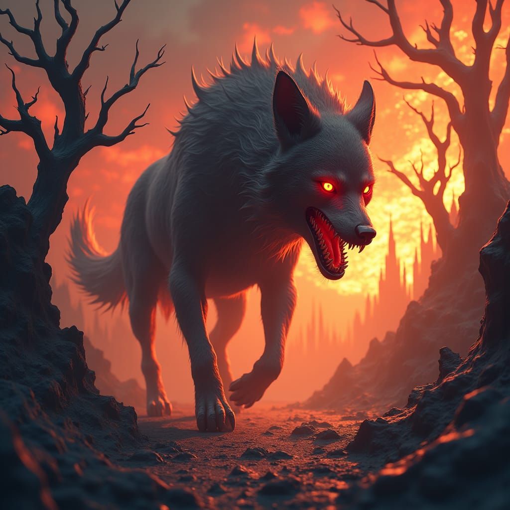 Infernal Hound in Apocalyptic Landscape