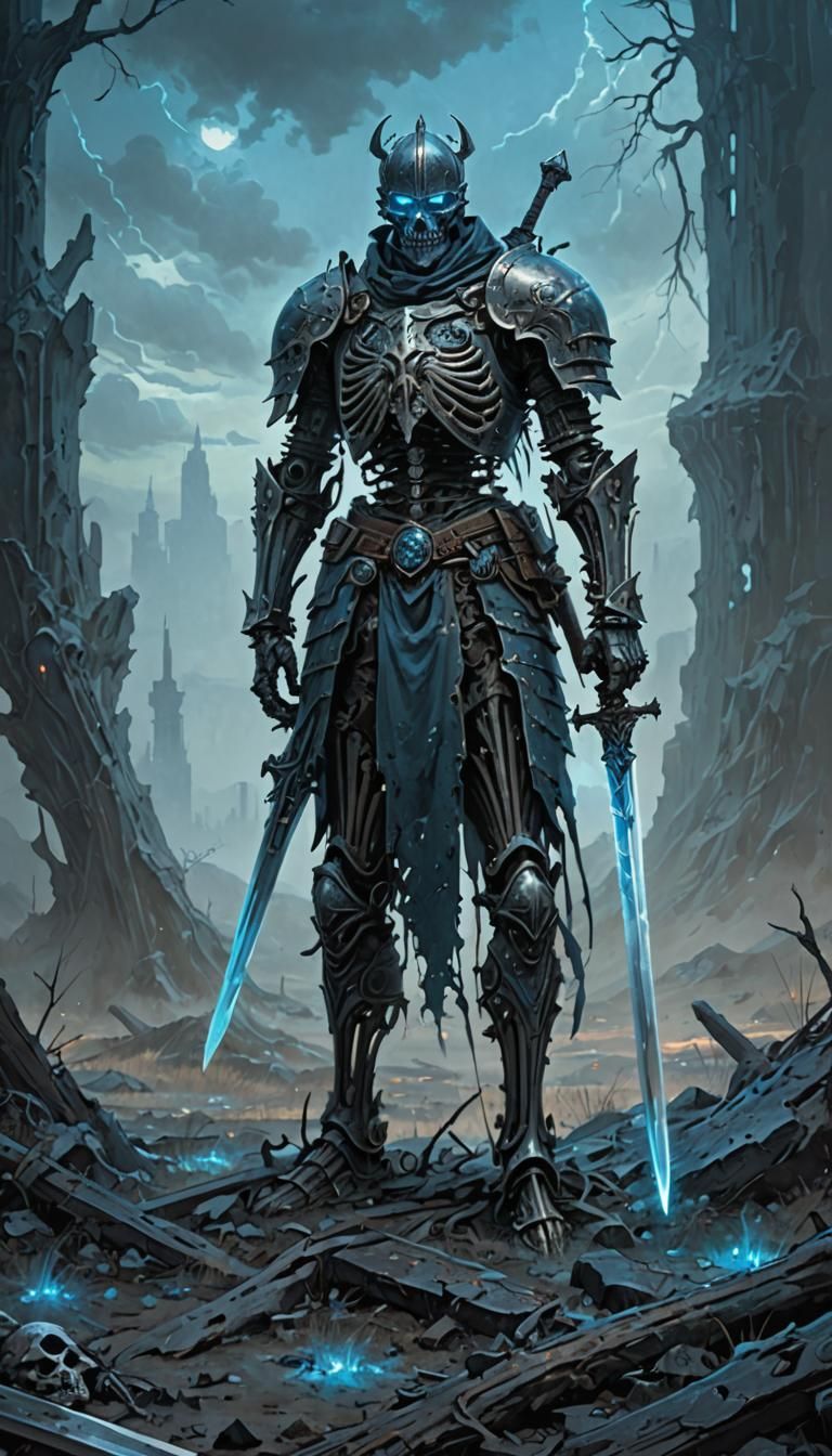 Skeletal Knight in Desolate Battlefield, Alphonse Mucha Styl...