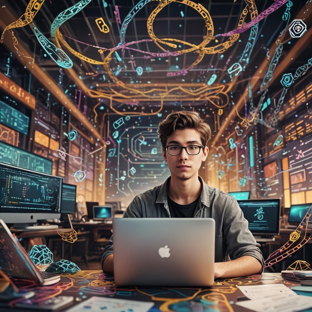 Enthusiastic Young Coder surrounded by Python Symbols