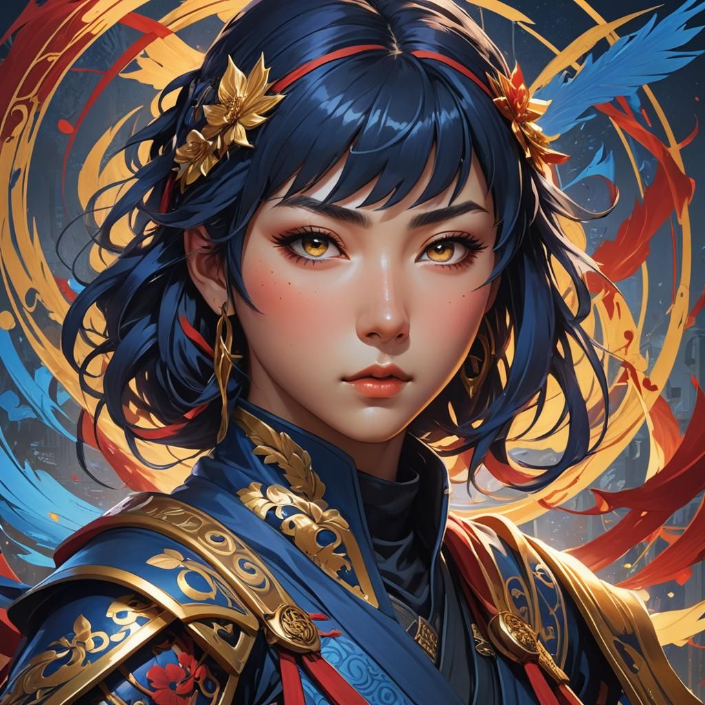 Vibrant Anime Ninja Princess in Art Nouveau Splendor