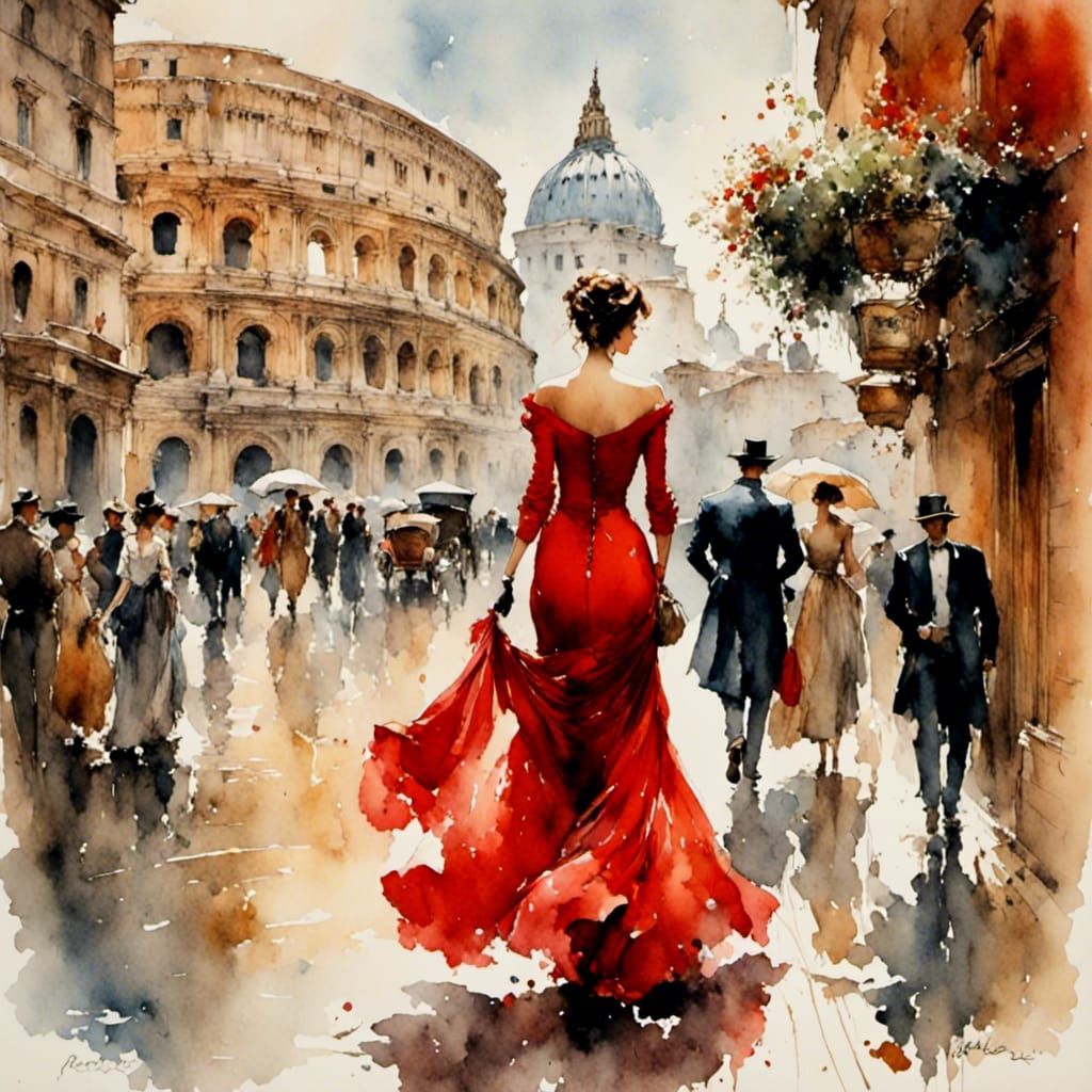 Italian Woman in Rome: Impressionist Watercolor Painting